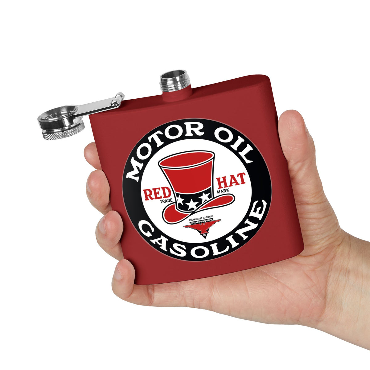 Red Hat Motor Oil & Gasoline Flask — Vintage Rare Petroliana Gift | The Faded Label Co.
