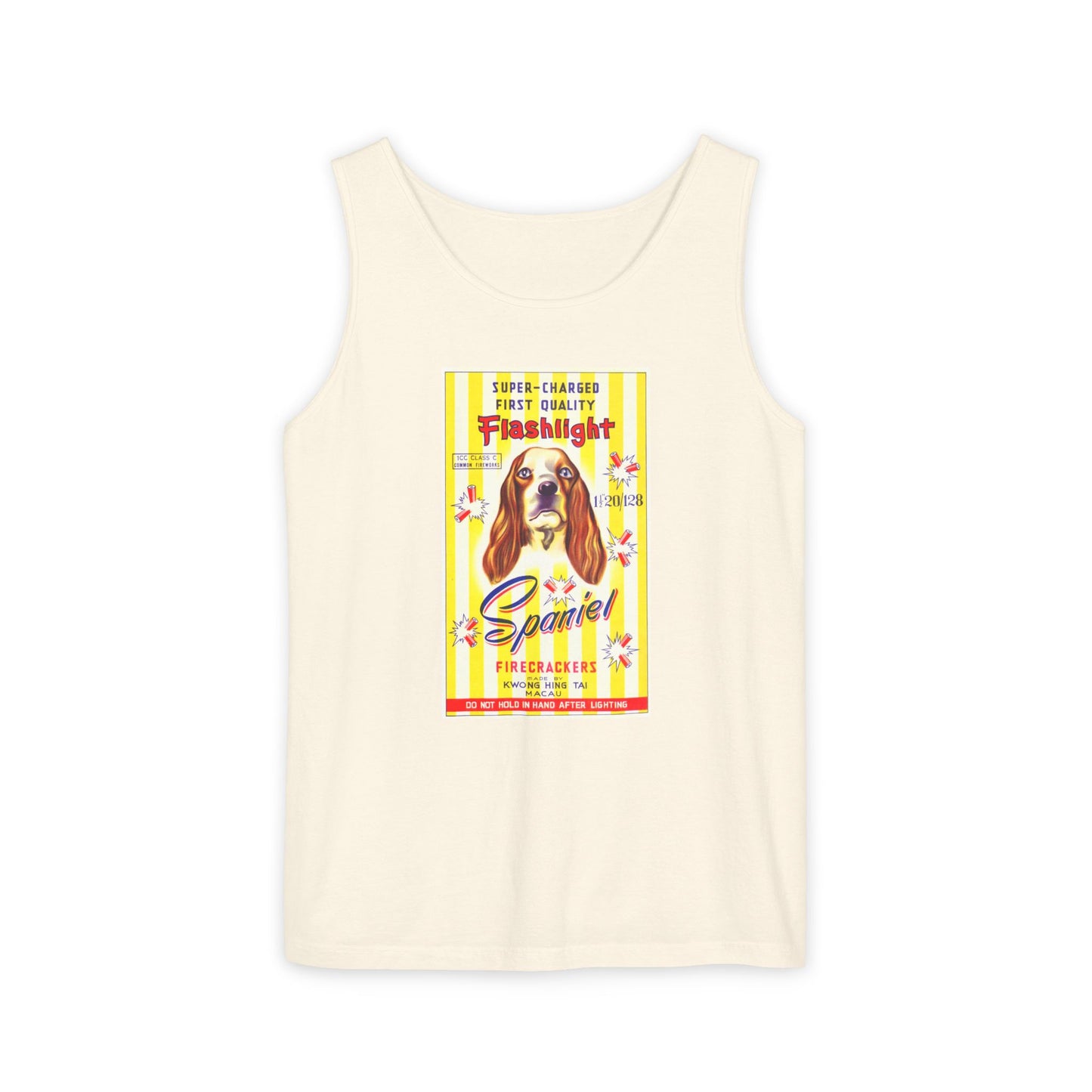Spaniel Brand Firecrackers tank top white — vintage fireworks label art — The Faded Label Co.