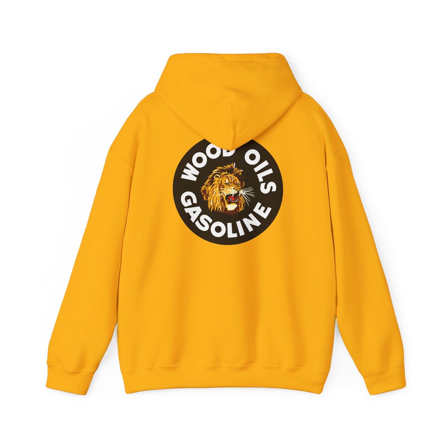 Lion Emblem Gasoline Hoodie — 'Wood Oils Gasoline' Retro Logo Sweatshirt