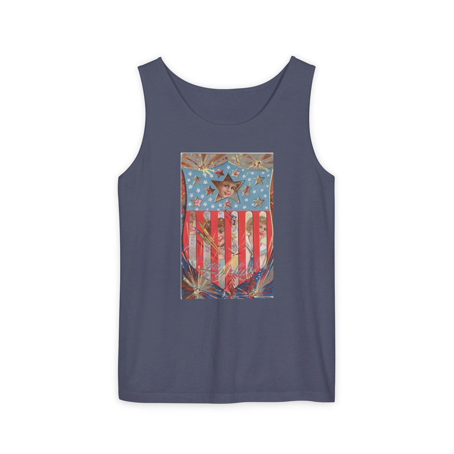4th of July Shield Girls tank top pepper — vintage embossed patriotic postcard art — The Faded Label Co.