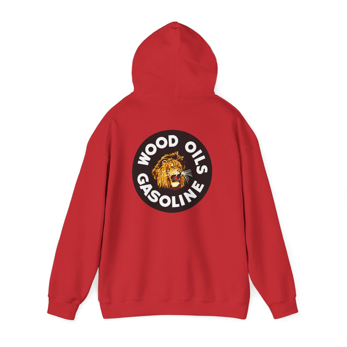 Lion Emblem Gasoline Hoodie — 'Wood Oils Gasoline' Retro Logo Sweatshirt