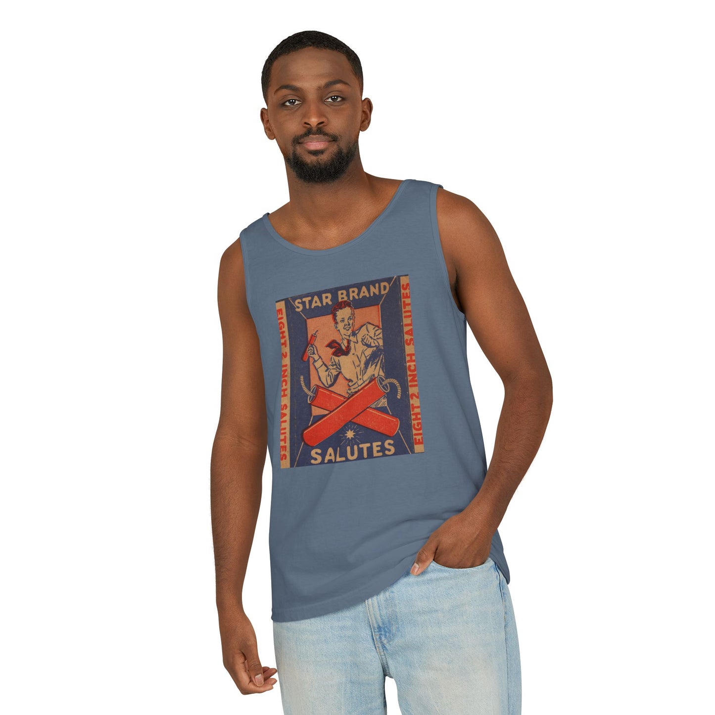 Star Brand Salutes tank top size detail — Comfort Colors 9360 unisex tank — The Faded Label Co.