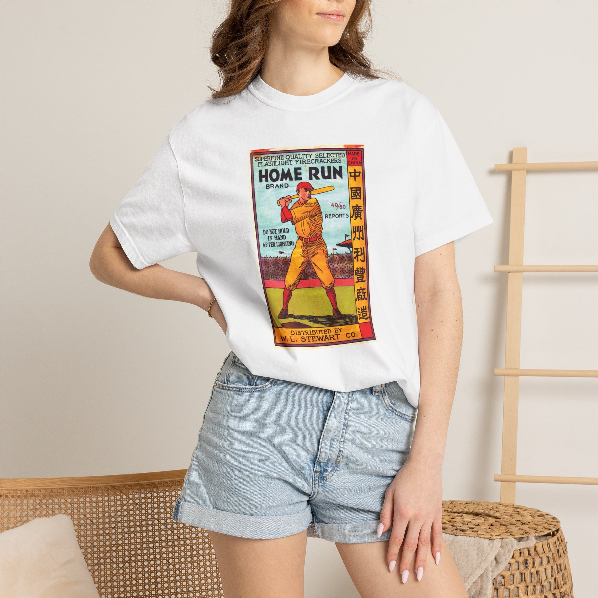 Home Run Firecrackers t-shirt detail — vintage fireworks label collector art — The Faded Label Co.