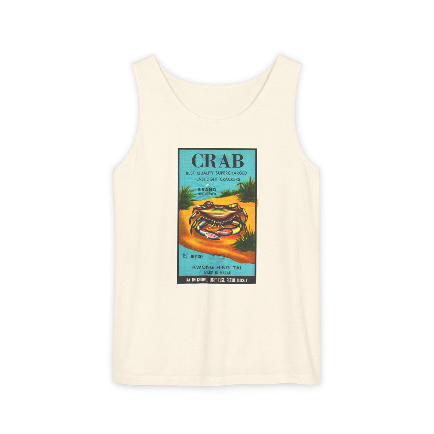 Crab Brand Firecrackers tank top crimson — vintage firecracker label graphic — The Faded Label Co.
