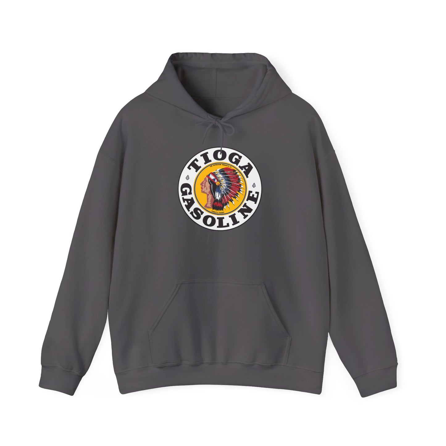 Tioga Gasoline Logo Hoodie — Vintage Native Chief Emblem