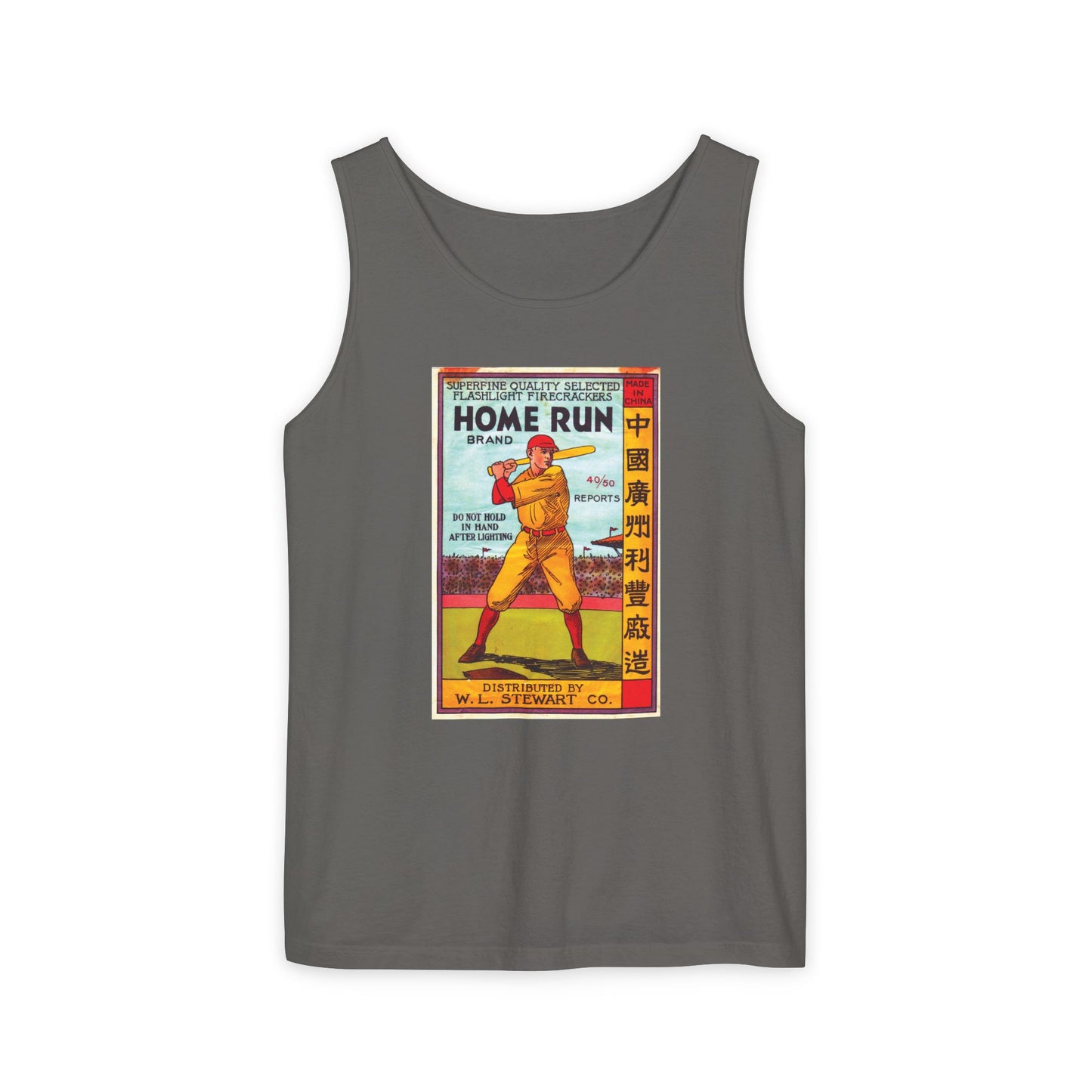 Home Run Firecrackers unisex tank flat lay — vintage fireworks art — The Faded Label Co.