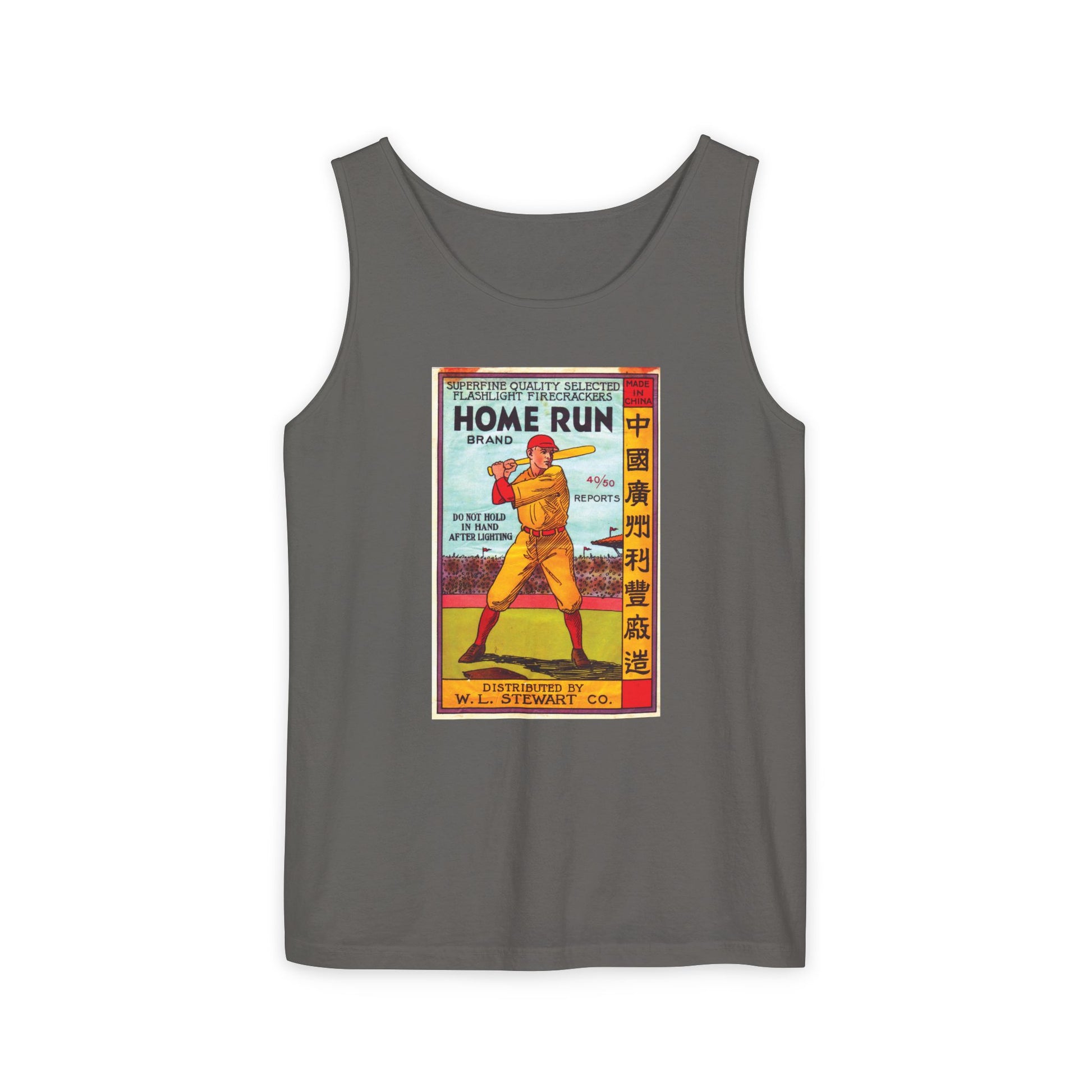 Home Run Firecrackers unisex tank flat lay — vintage fireworks art — The Faded Label Co.