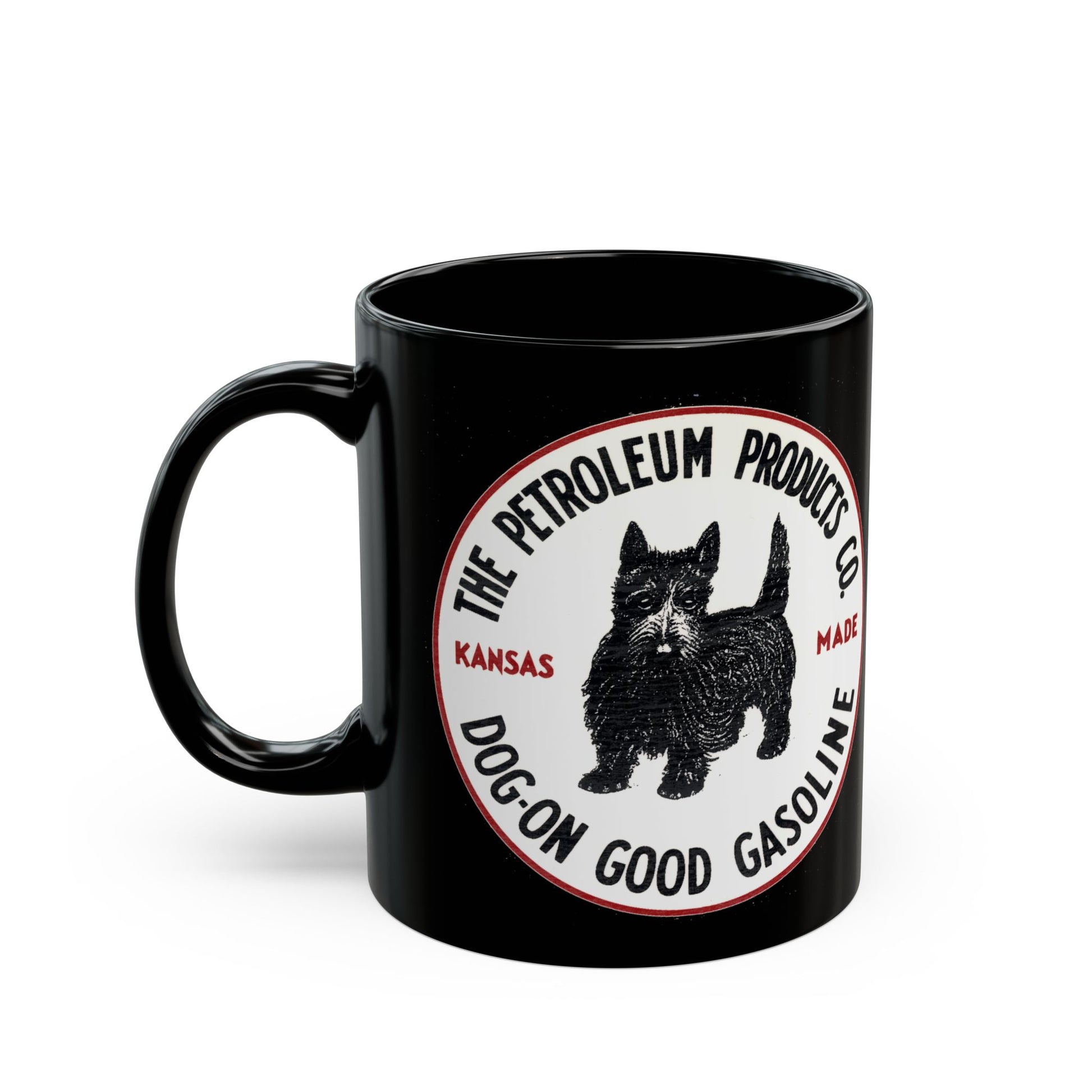 Dog-On Good Gasoline black coffee mug side view — Kansas petroleum brand — The Faded Label Co.