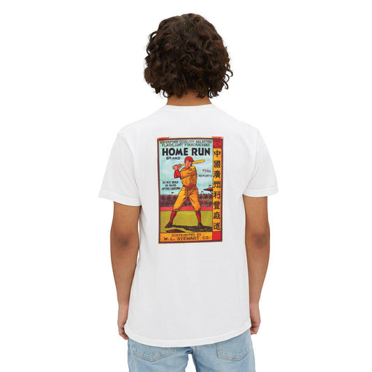 Home Run Fireworks pocket t-shirt white back — vintage fireworks label art — The Faded Label Co.
