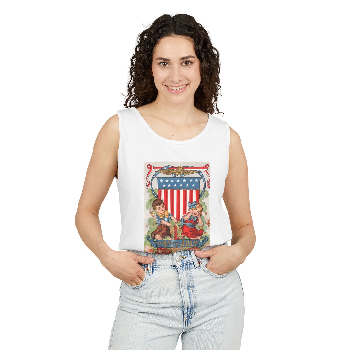 1908 Fourth of July Wagon tank top lifestyle front — P. Sander 1908 cannon wagon chromolithograph — The Faded Label Co.