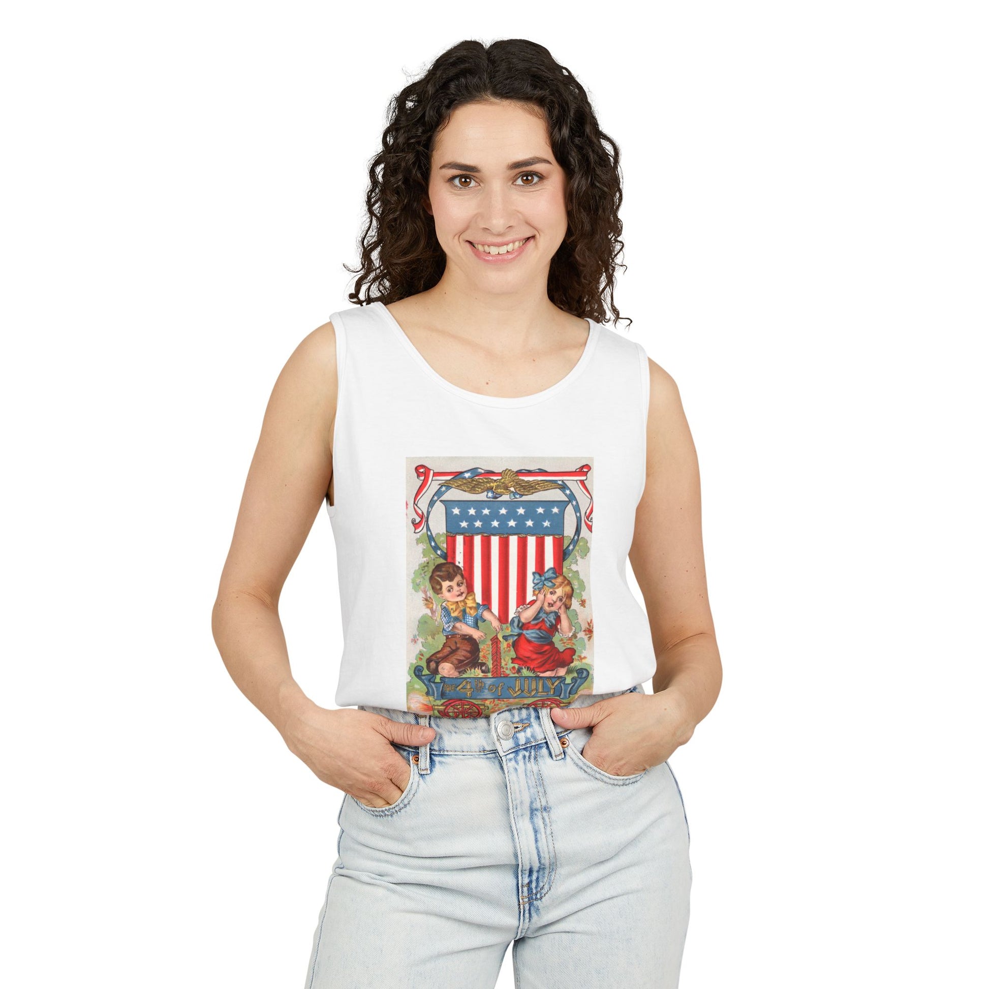 1908 Fourth of July Wagon tank top lifestyle front — P. Sander 1908 cannon wagon chromolithograph — The Faded Label Co.