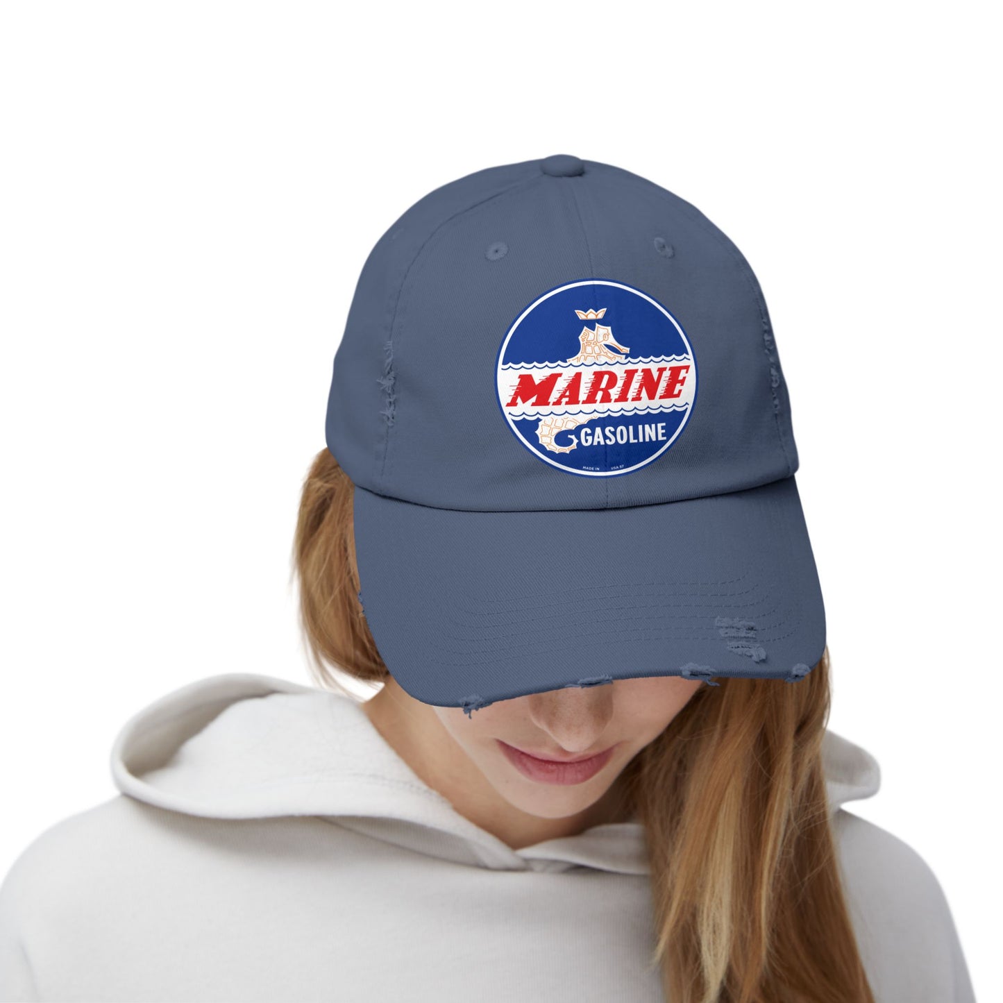 Marine Gasoline Distressed Cap — Vintage Dockside Petroliana Hat | The Faded Label Co.