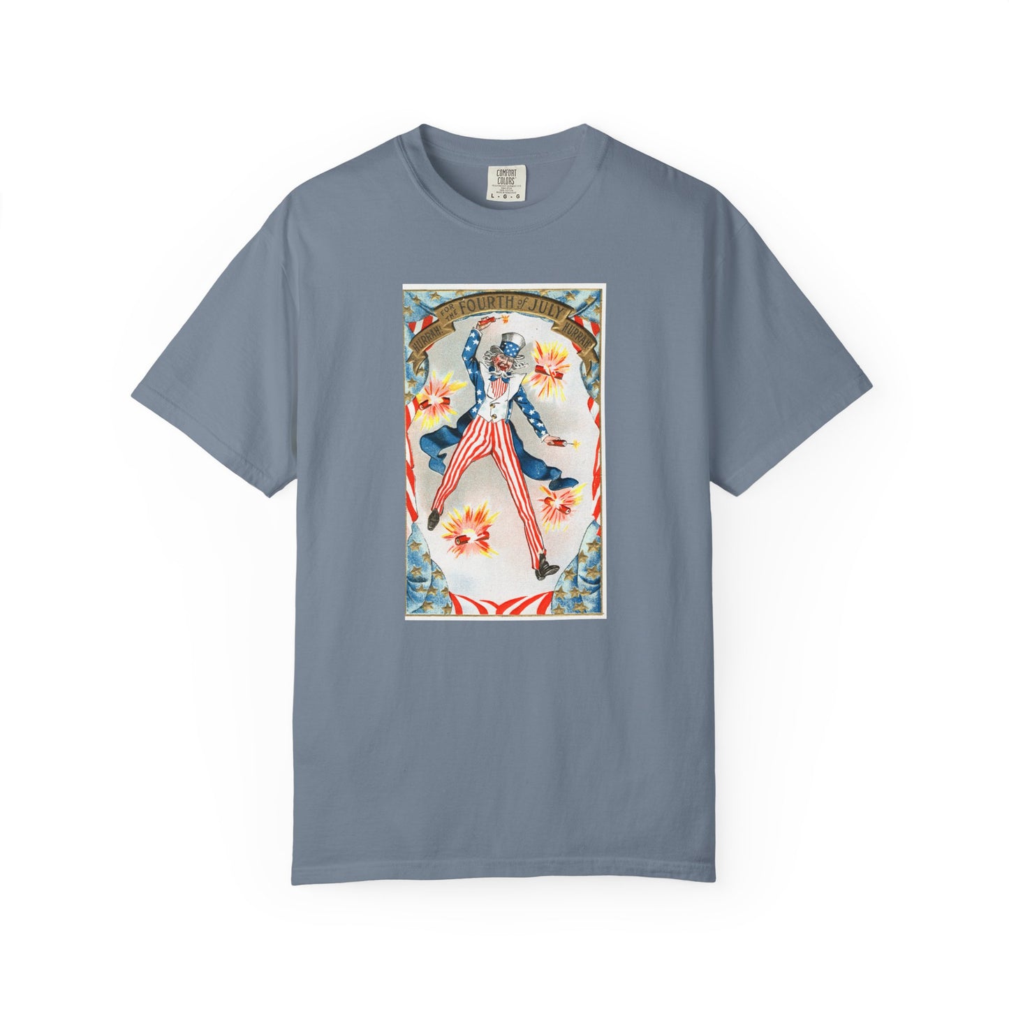 Hurrah Fourth of July Uncle Sam t-shirt true navy — vintage patriotic postcard art — The Faded Label Co.