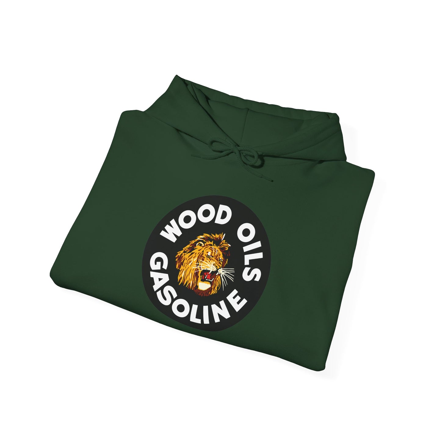 Lion Emblem Gasoline Hoodie — 'Wood Oils Gasoline' Retro Logo Sweatshirt