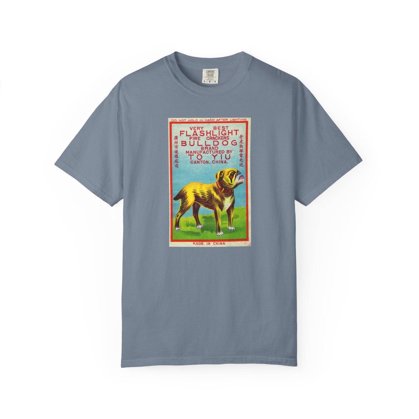 Bulldog Brand Firecrackers t-shirt on model front — America's 250th anniversary fireworks apparel — The Faded Label Co.