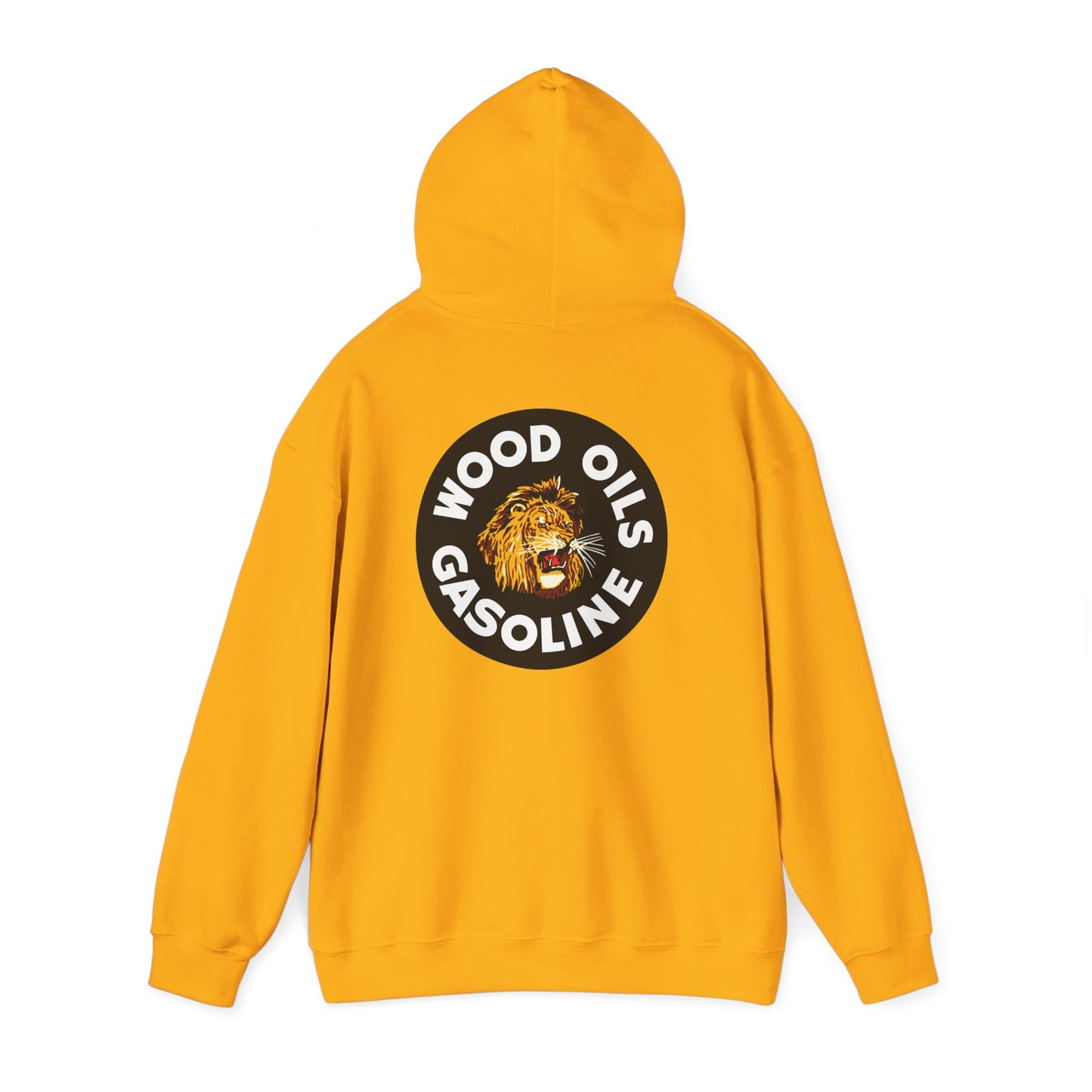 Lion Emblem Gasoline Hoodie — 'Wood Oils Gasoline' Retro Logo Sweatshirt