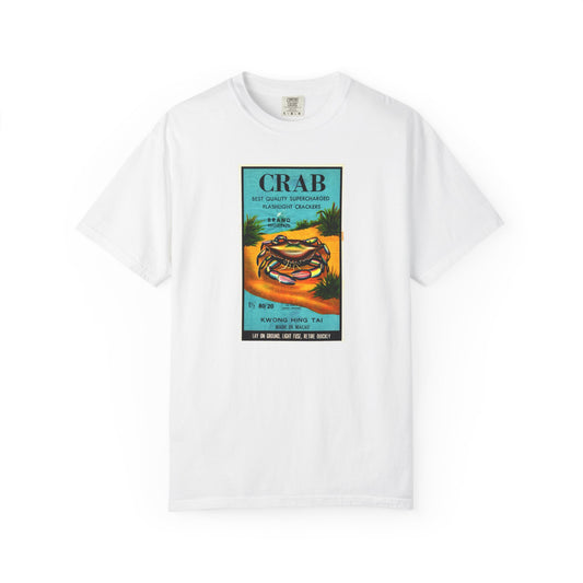 Crab Brand Firecrackers t-shirt White — vintage 4th of July fireworks label tee — The Faded Label Co.