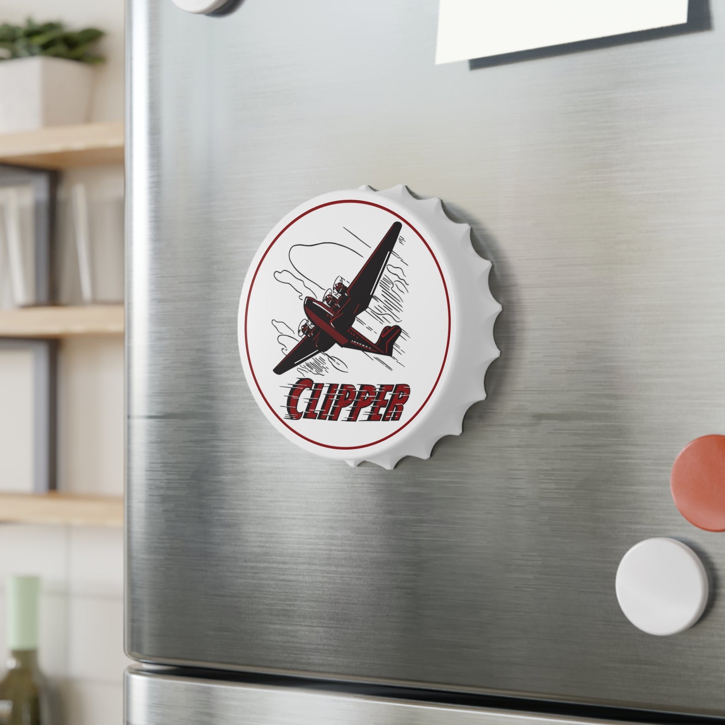 Clipper Petroleum opener on fridge — vintage gas station decor — The Faded Label Co.