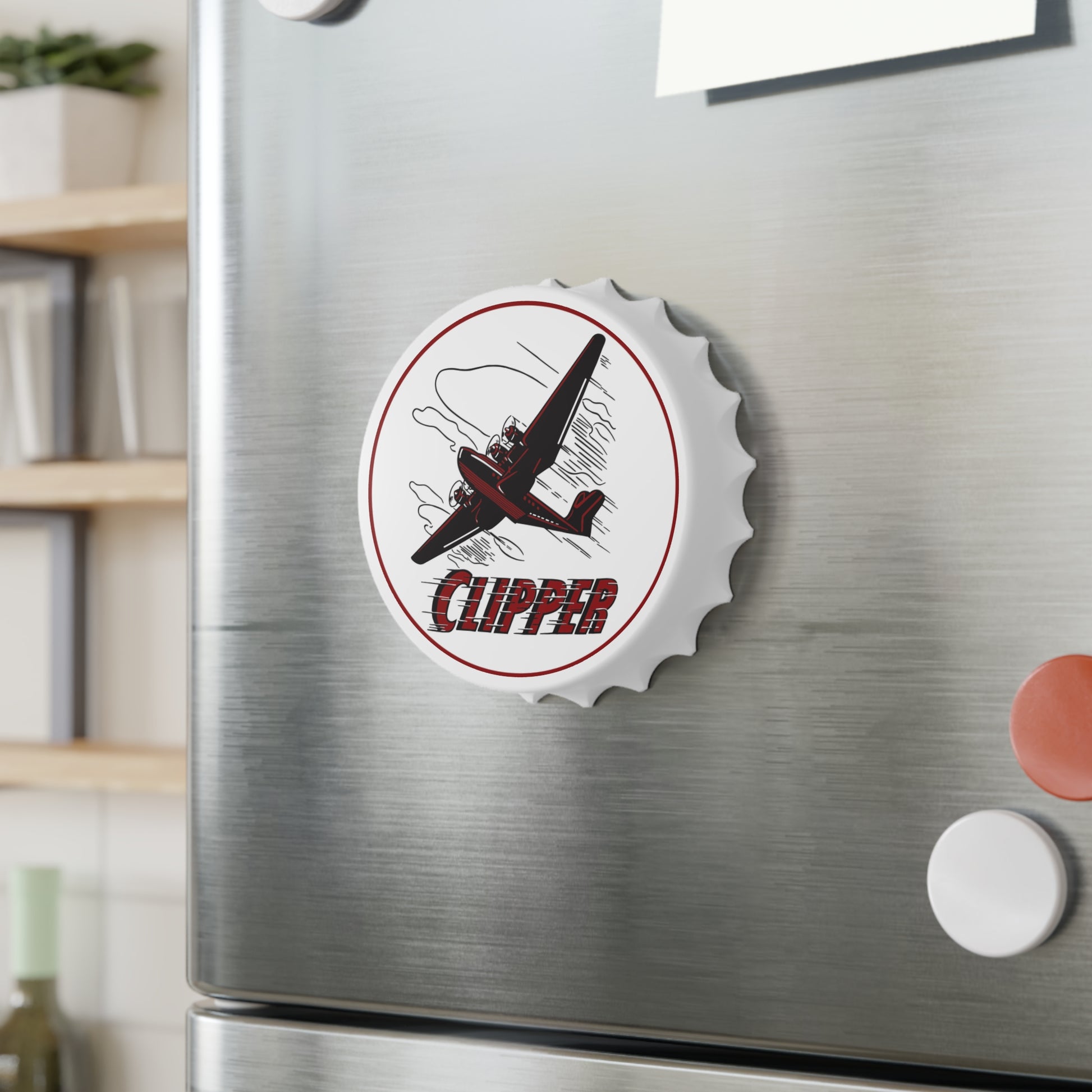 Clipper Petroleum opener on fridge — vintage gas station decor — The Faded Label Co.