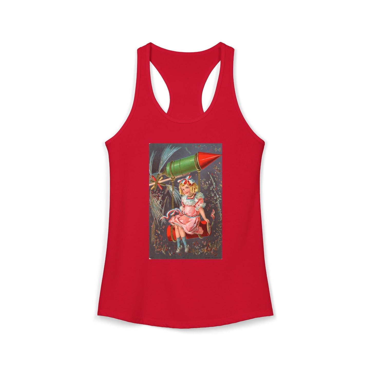 1907 Rocket Girl racerback tank warm gray — vintage 4th of July postcard art — The Faded Label Co.