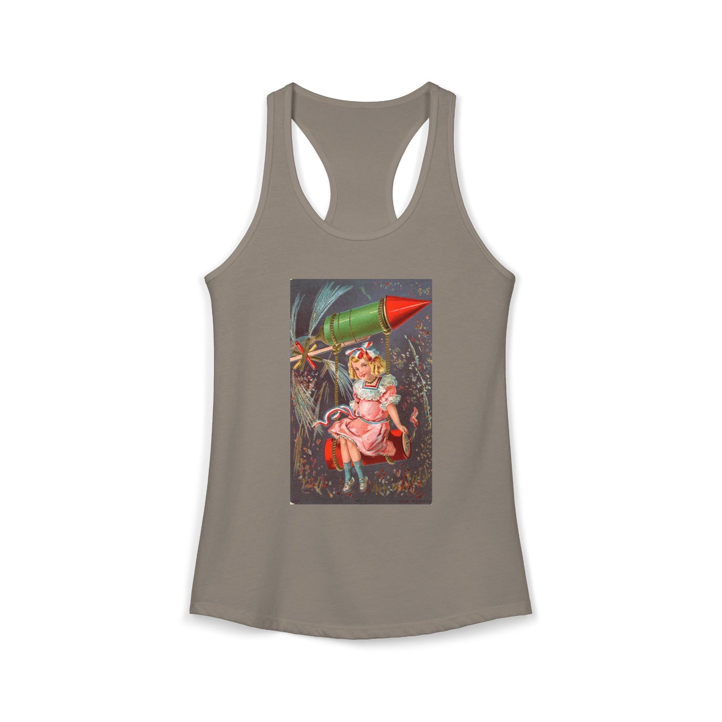 1907 Rocket Girl racerback tank white — vintage 4th of July postcard art — The Faded Label Co.
