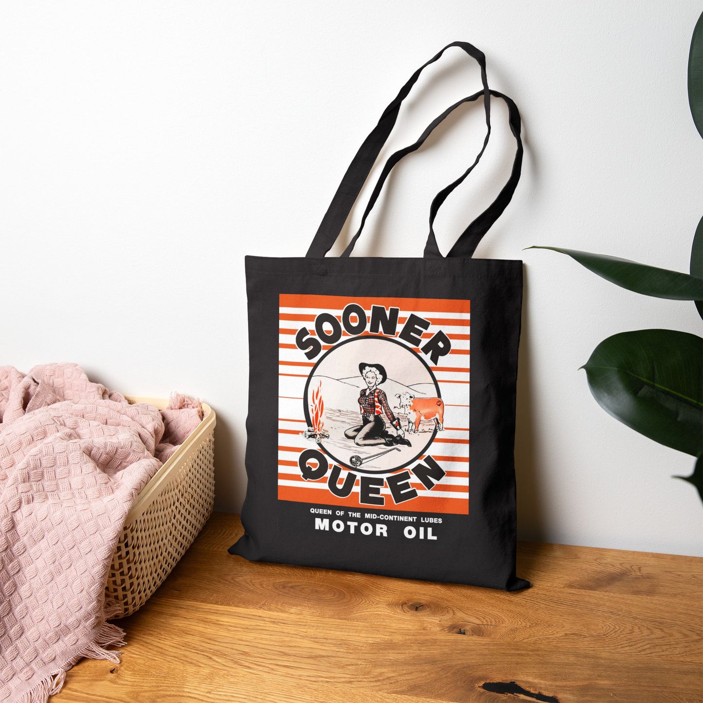 Sooner Queen Motor Oil Canvas Tote Bag — Retro Gasoline Poster Market Tote