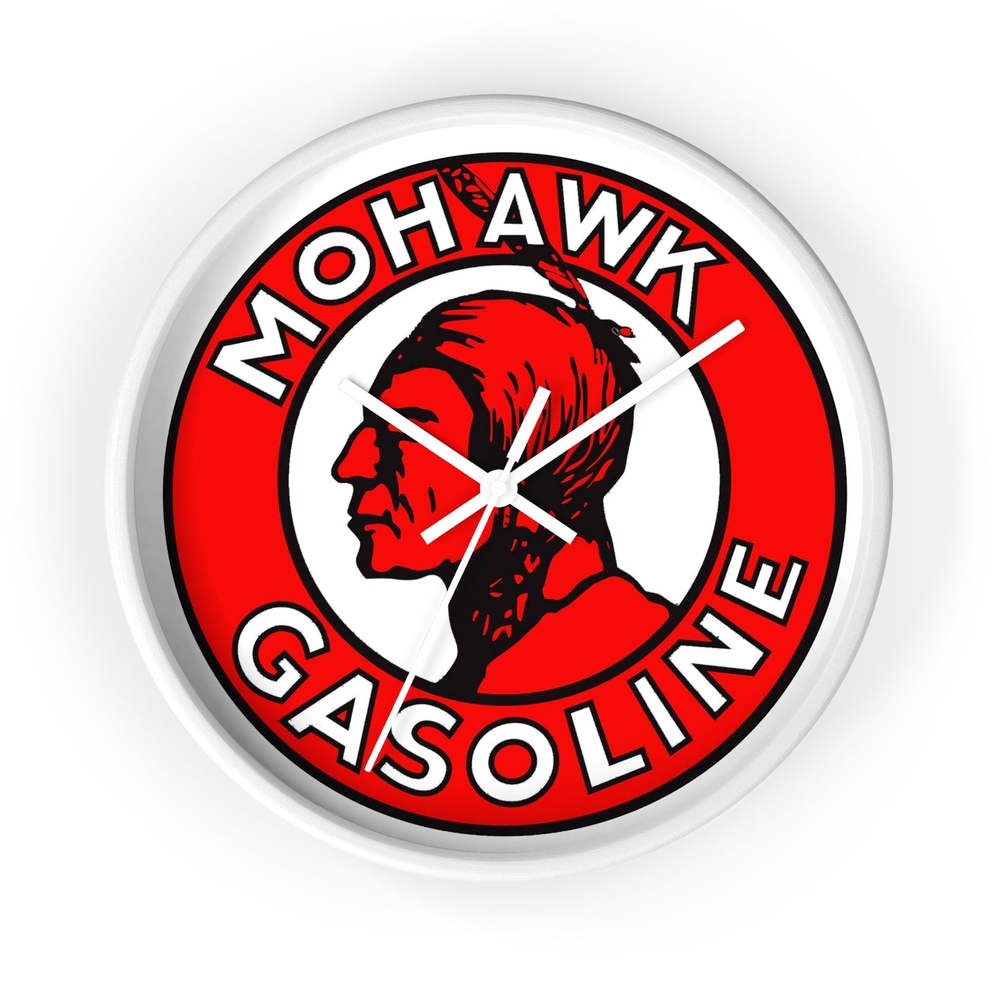 Mohawk Gasoline wall clock on wall — man cave garage decor — The Faded Label Co.
