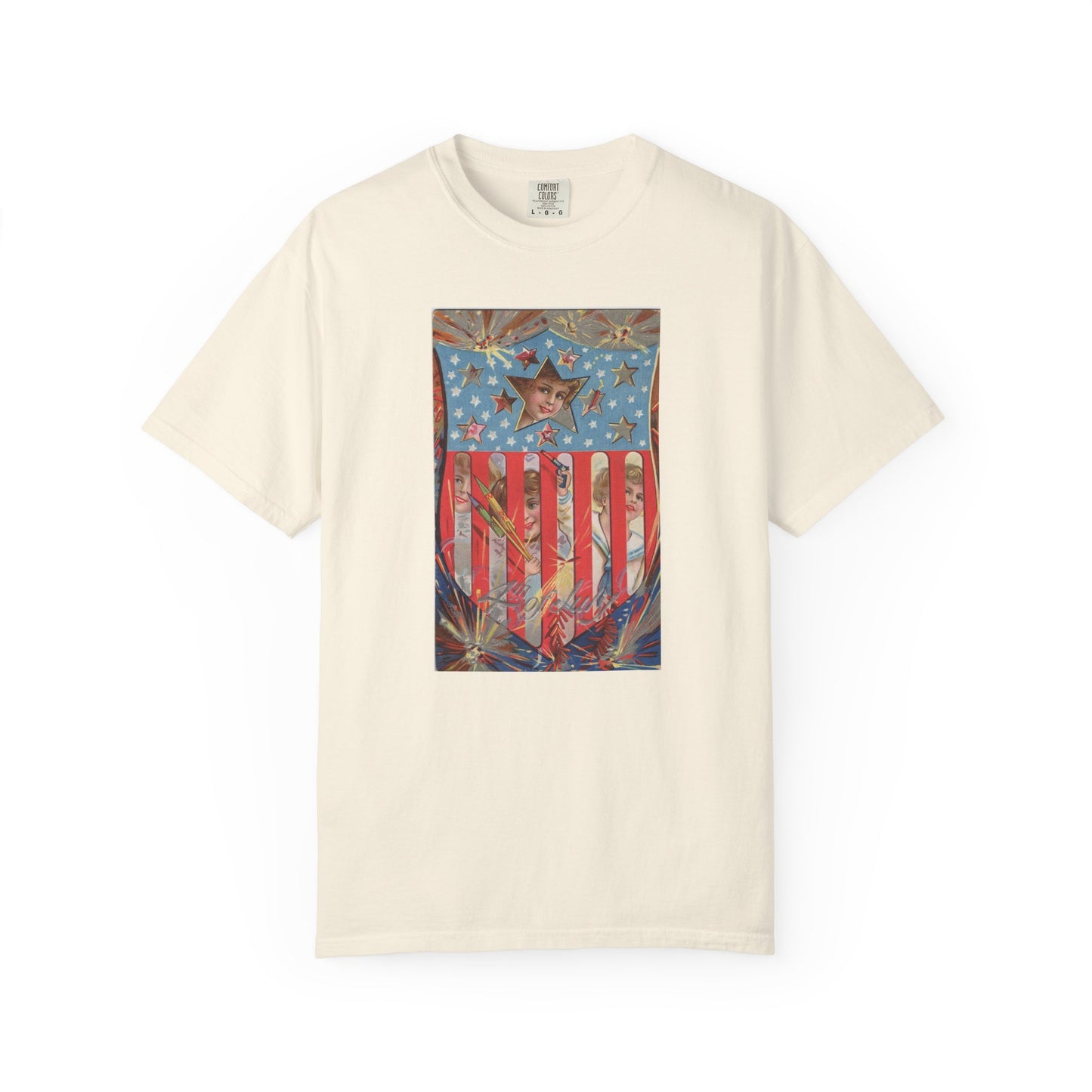 4th of July Shield Girls t-shirt blue jean — vintage embossed patriotic postcard art — The Faded Label Co.