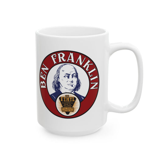 Ben Franklin Gasoline white coffee mug 11oz — vintage Oklahoma petroliana gift — The Faded Label Co.