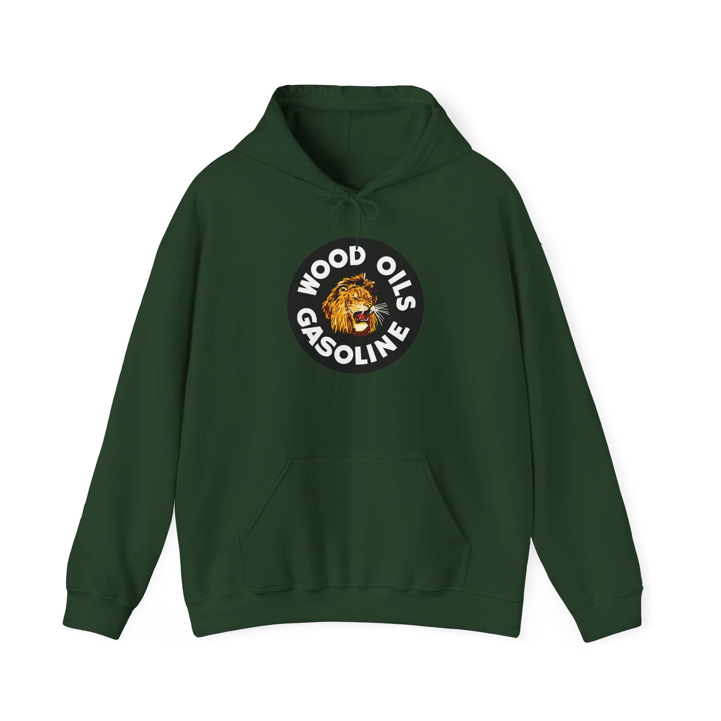 Lion Emblem Gasoline Hoodie — 'Wood Oils Gasoline' Retro Logo Sweatshirt