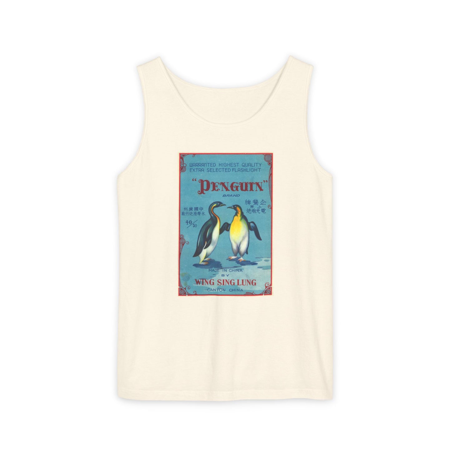 Penguin Brand Firecrackers tank top white — vintage fireworks label art — The Faded Label Co.