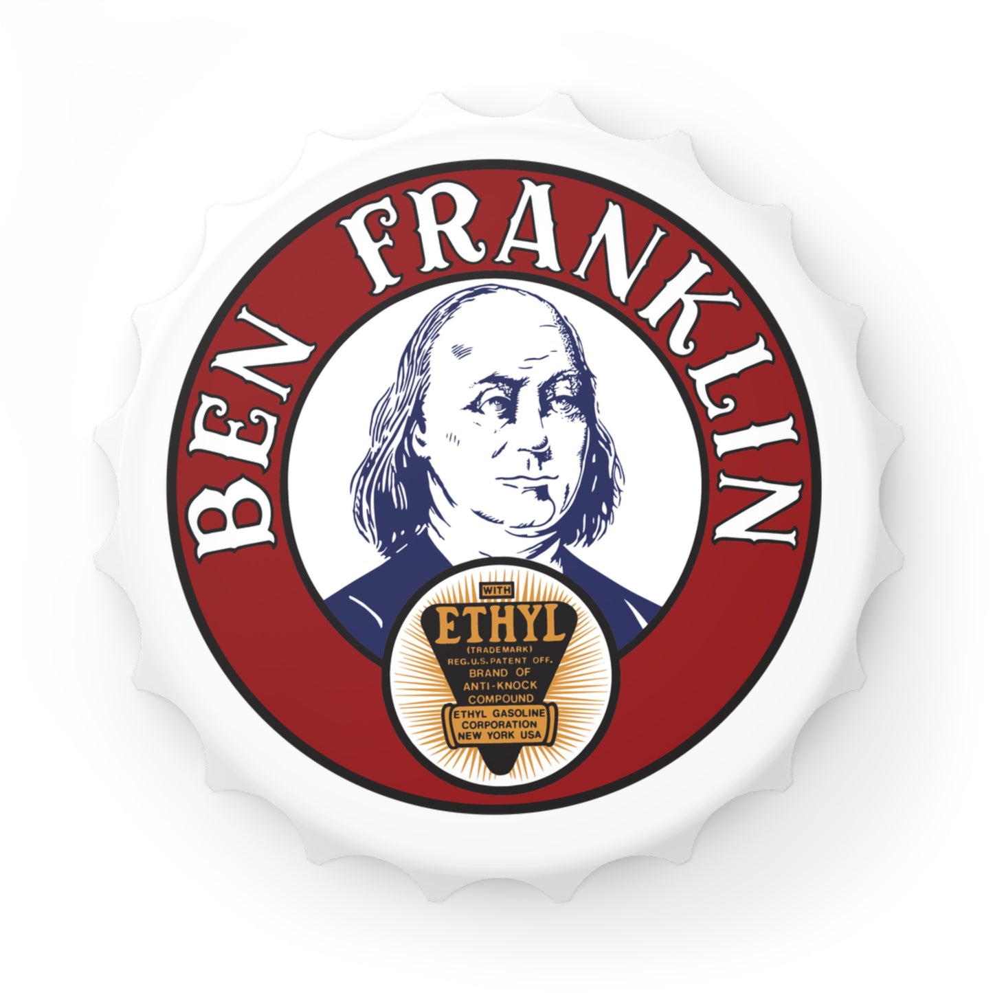 Ben Franklin Gasoline bottle opener — vintage Oklahoma petroliana gift — The Faded Label Co.
