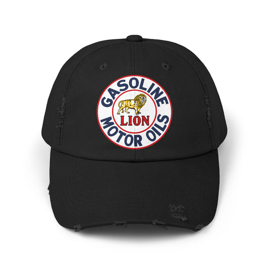 Lion Gasoline distressed cap black — vintage Arkansas petroliana hat — The Faded Label Co.