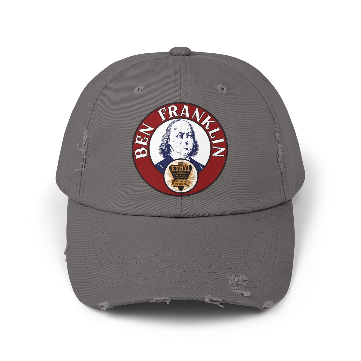 Ben Franklin Gasoline distressed cap dashing red — vintage petroliana hat — The Faded Label Co.