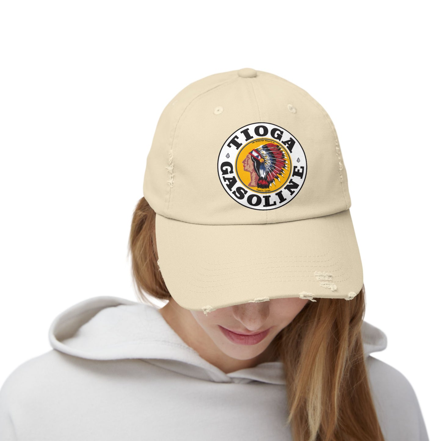 Tioga Gasoline distressed cap back detail — vintage petroliana hat — The Faded Label Co.