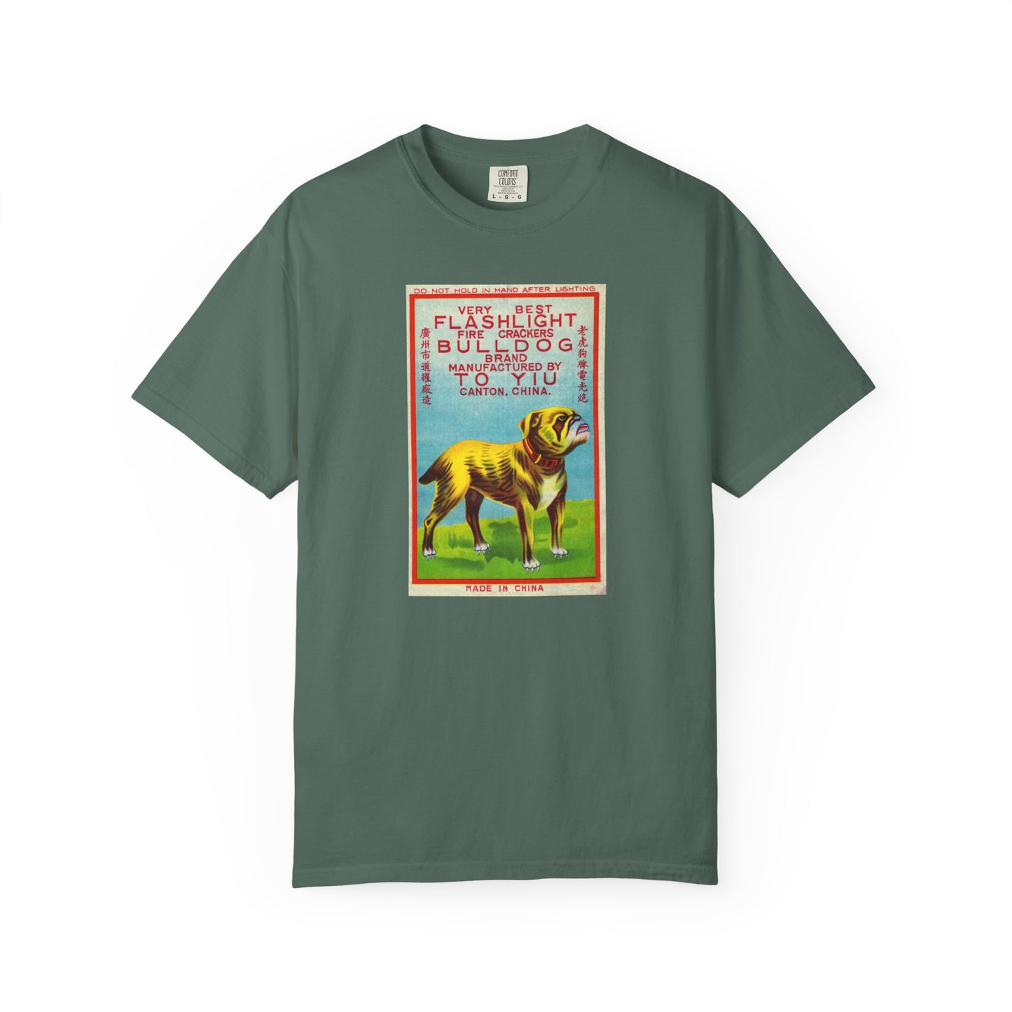 Bulldog Brand Firecrackers t-shirt Chambray — vintage patriotic fireworks label tee — The Faded Label Co.