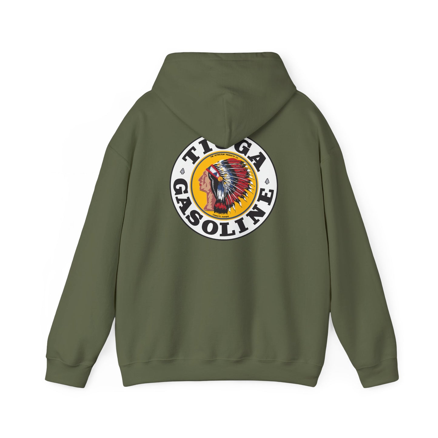 Tioga Gasoline Logo Hoodie — Vintage Native Chief Emblem