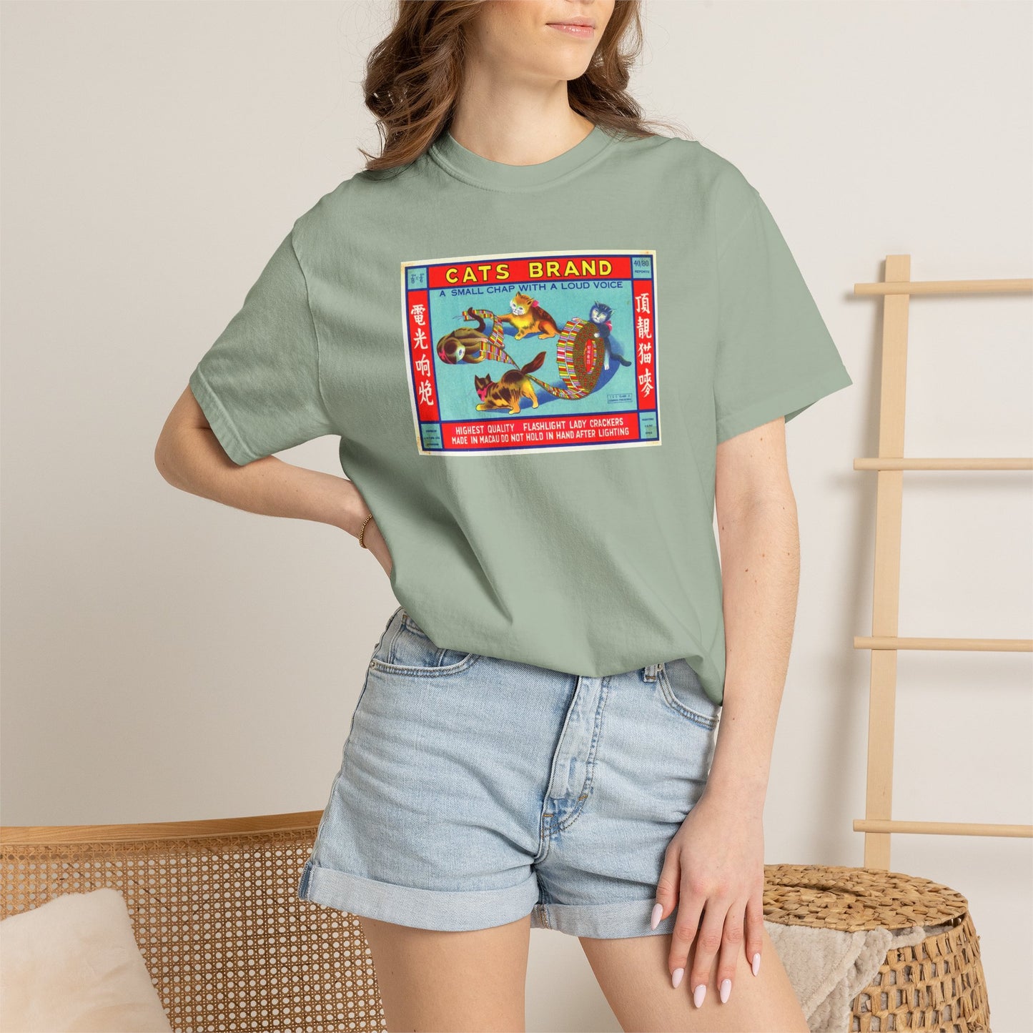 Cats Brand Firecrackers t-shirt on model lifestyle — vintage 4th of July fireworks apparel — The Faded Label Co.