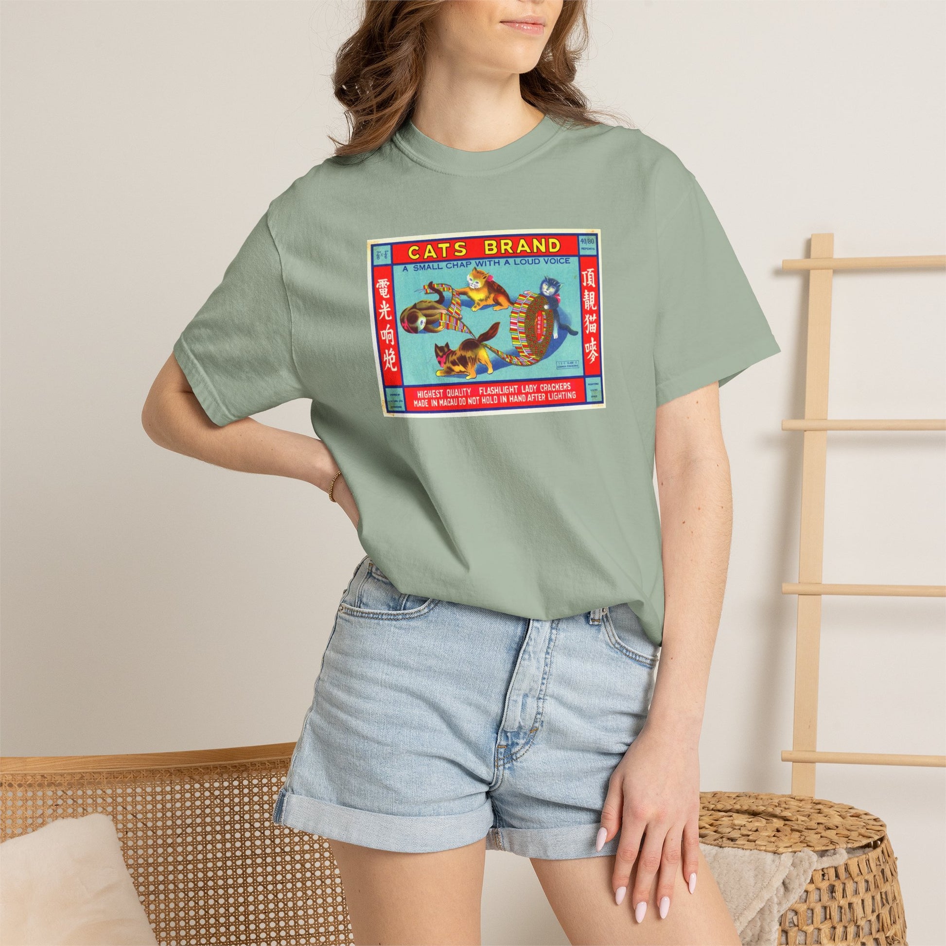 Cats Brand Firecrackers t-shirt on model lifestyle — vintage 4th of July fireworks apparel — The Faded Label Co.