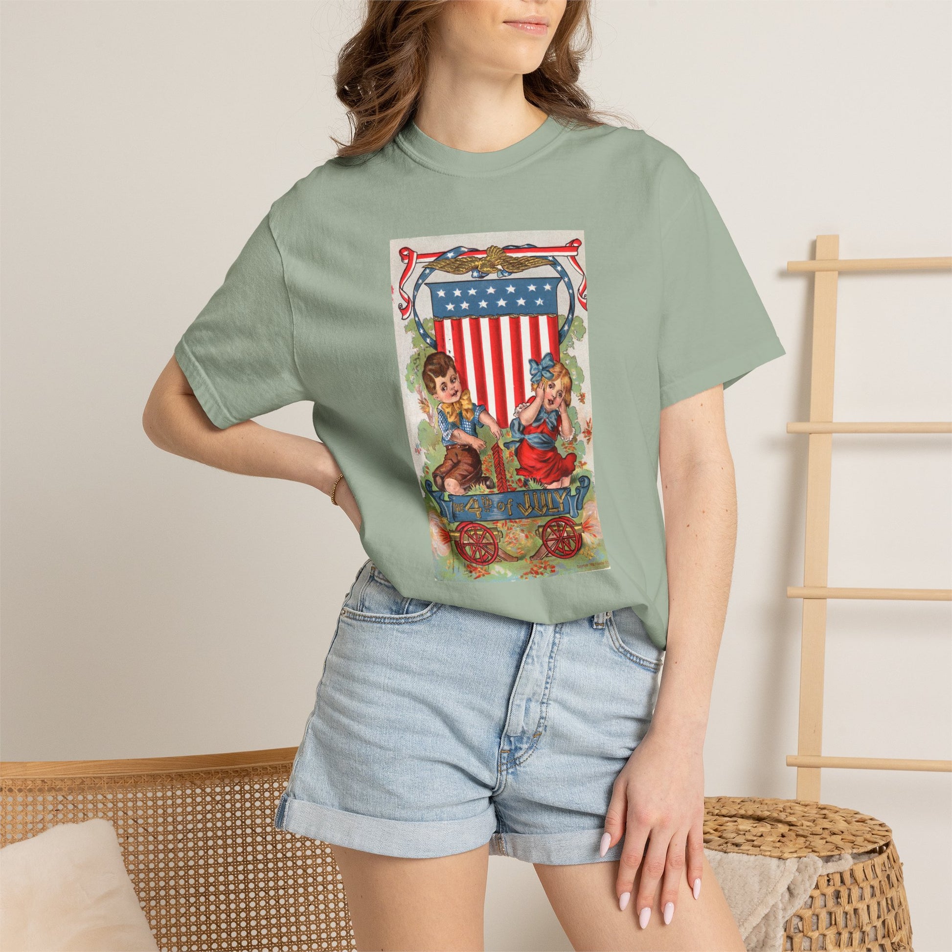 1908 Fourth of July Wagon t-shirt detail — early 1900s patriotic postcard chromolithograph — The Faded Label Co.