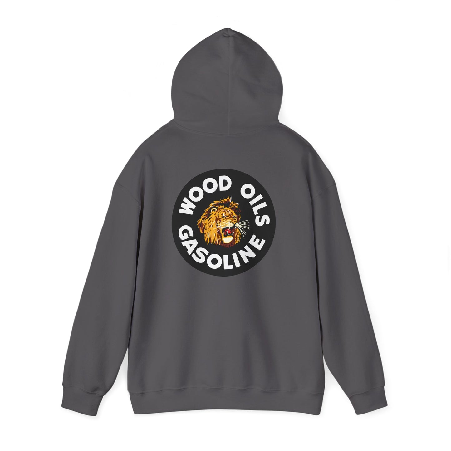 Lion Emblem Gasoline Hoodie — 'Wood Oils Gasoline' Retro Logo Sweatshirt