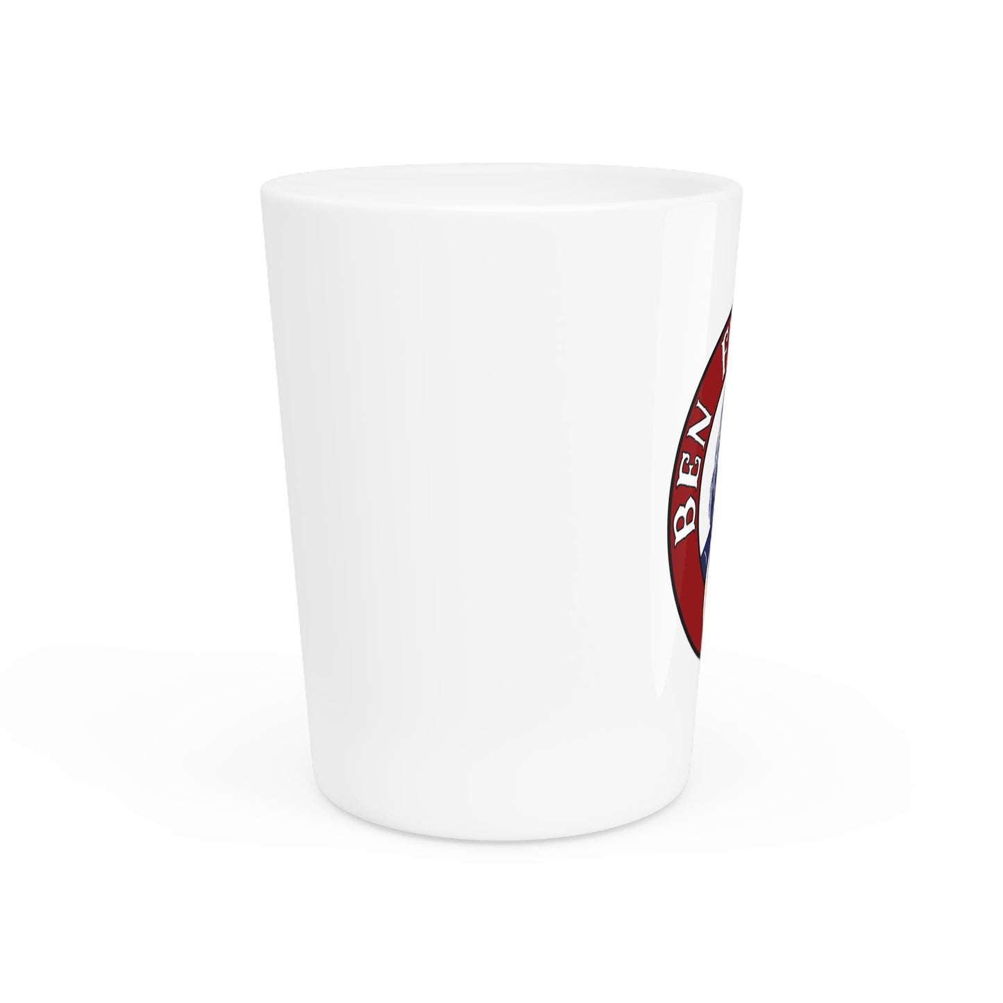 Ben Franklin Gasoline shot glass detail — vintage petroliana barware — The Faded Label Co.