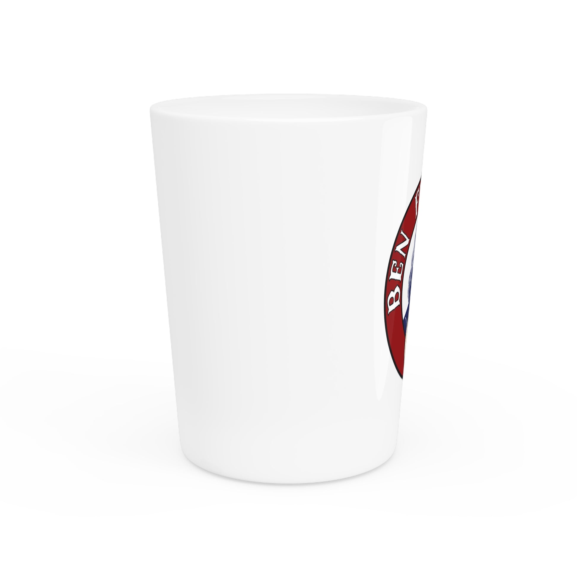 Ben Franklin Gasoline shot glass detail — vintage petroliana barware — The Faded Label Co.