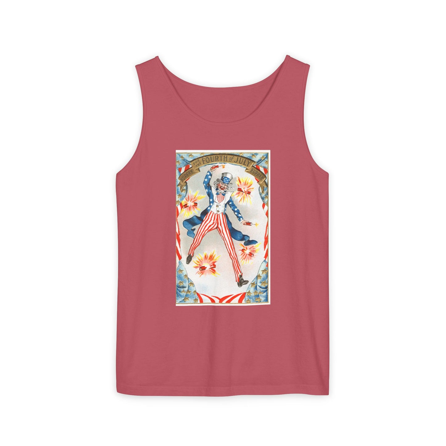Hurrah Fourth of July Uncle Sam tank top blue jean — vintage patriotic postcard art — The Faded Label Co.