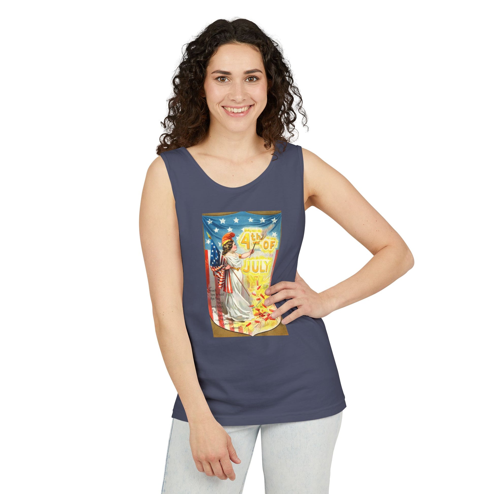 4th of July Flag Girl tank top care label — Comfort Colors 9360 garment dyed — The Faded Label Co.