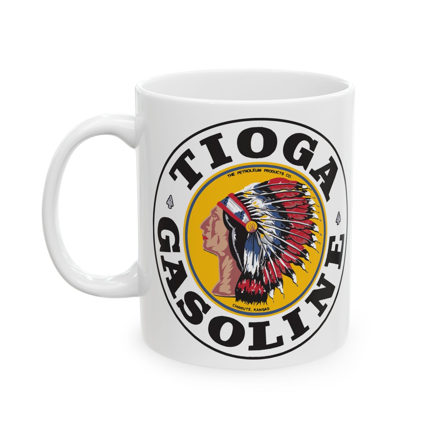 tioga Gasoline Tribe Ceramic Mug — Vintage Indian Head Logo Coffee Cup (11oz & 15oz)
