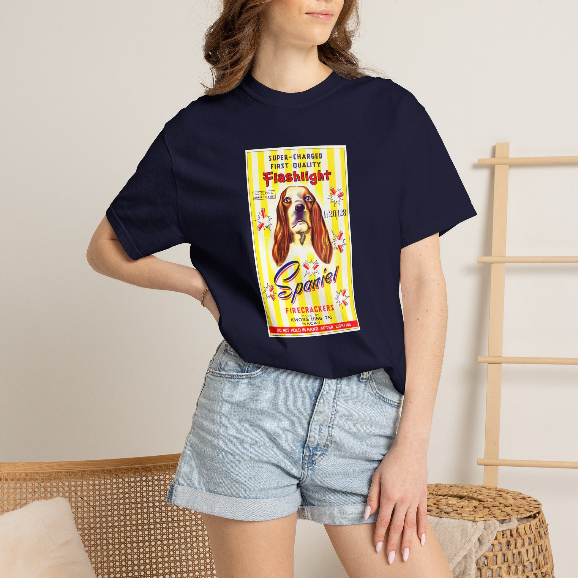Spaniel Brand Firecrackers t-shirt on model lifestyle — vintage 4th of July Americana tee — The Faded Label Co.