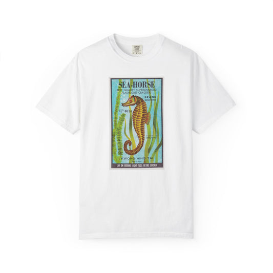 Seahorse Brand Firecrackers t-shirt White — vintage 4th of July fireworks label tee — The Faded Label Co.