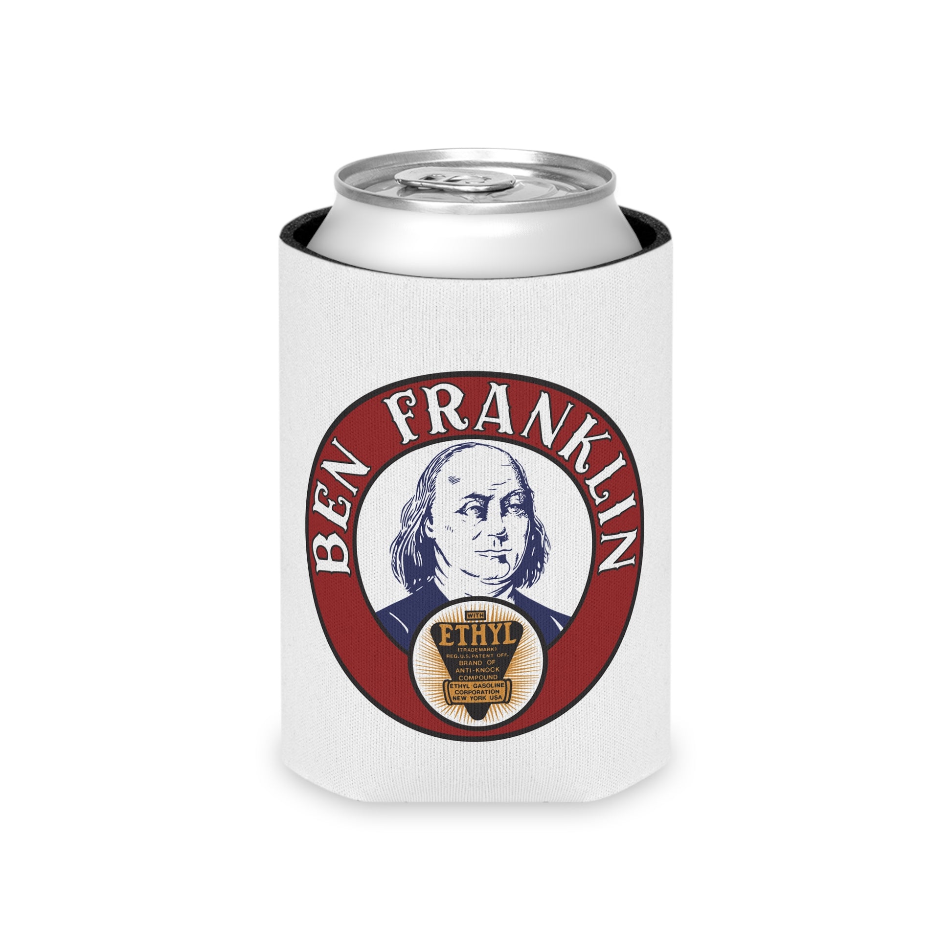 Ben Franklin Gasoline can cooler lifestyle — vintage petroliana gift — The Faded Label Co.