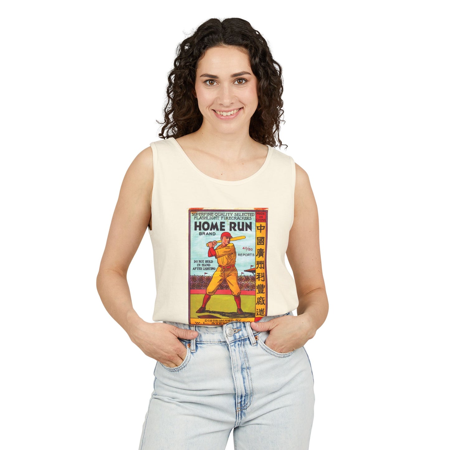 Home Run Firecrackers tank top white — vintage fireworks label art — The Faded Label Co.